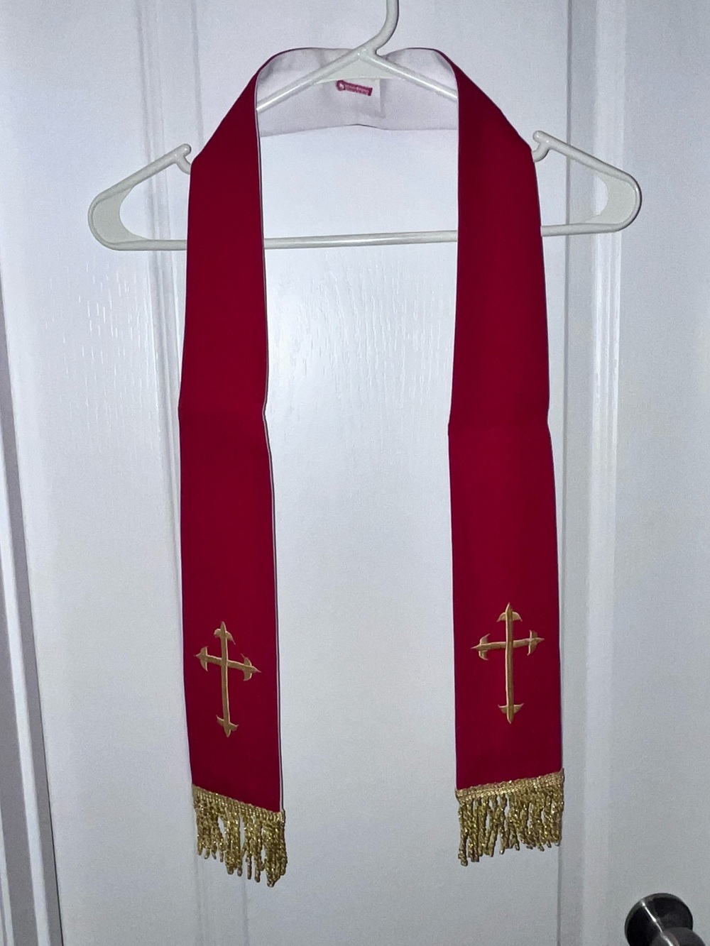 Red/White Clergy Pulpit Stole Liturgical Vestment Gold Embroidered Cross Fring